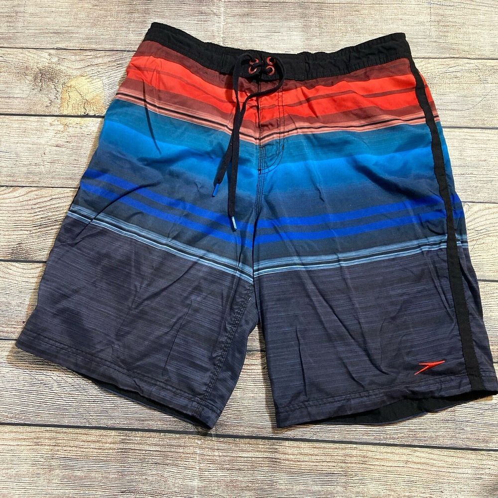Speedo Swim Trunks Adult Men's‎ Size M Red Blue Black Swimsuit Gradiant Logo